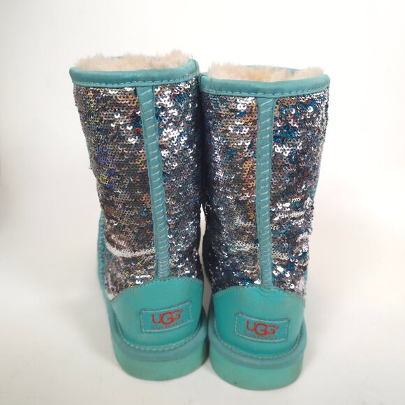 UGG Women’s Classic Short Sparkles Sequin Sheepskin Boots Aqua Blue Size 6 - Picture 7 of 12